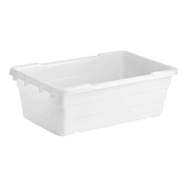 A white plastic meat lug or tote box measuring 25 inches by 15 inches by 8 inches.