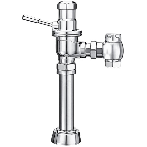 A chrome metal Sloan water closet flushometer with a lever.