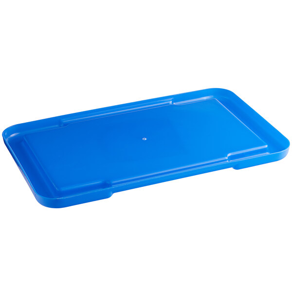 A blue plastic Choice lid for a meat lug on a blue plastic tray.