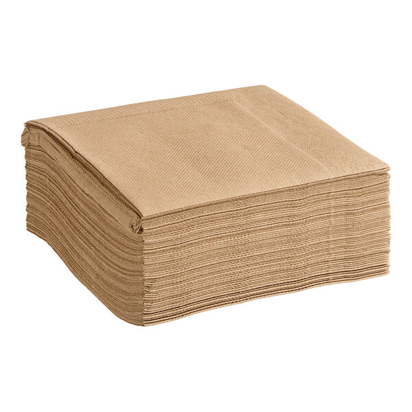 A stack of natural kraft 2-ply beverage or cocktail napkins.