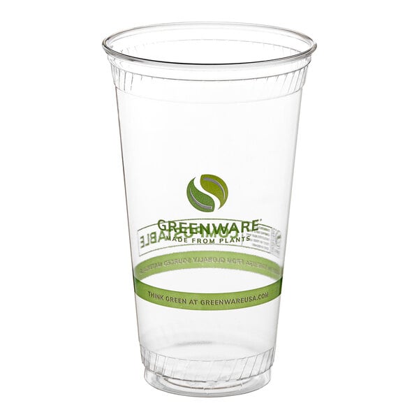 A clear 32 oz. compostable plastic cold cup with green printed branding and eco-friendly messaging.