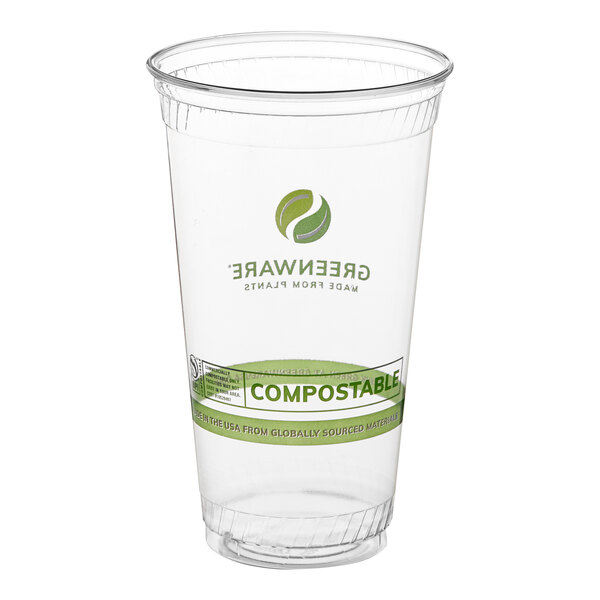 A clear 32 oz. compostable plastic cold cup with green printed labeling.