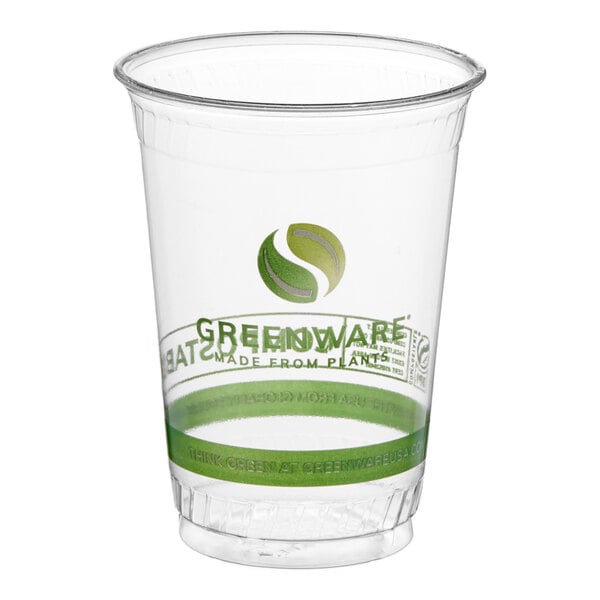 A clear 10 oz. compostable plastic cold cup with green printed branding.