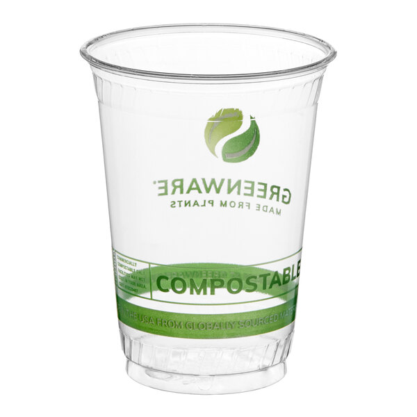 A clear 10 oz. compostable plastic cold cup with green printed labeling.