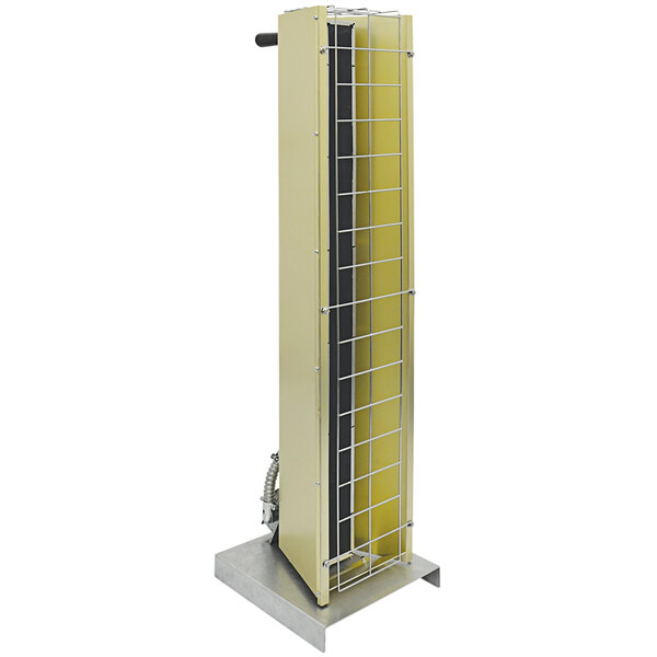 A yellow TPI FSP Series portable infrared flat panel heater on a stand.