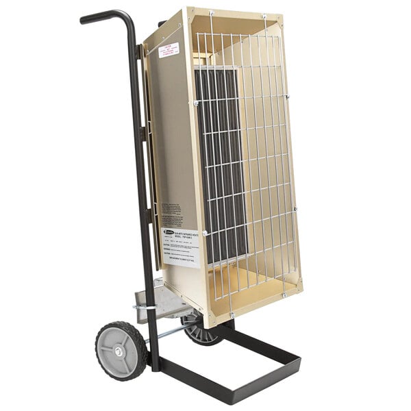 A TPI portable infrared flat panel heater on a cart with a metal cage.