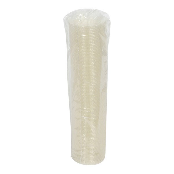 A stack of clear plastic lids with straw slots wrapped in plastic packaging.