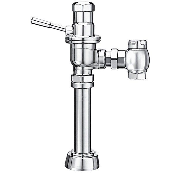 A chrome Sloan water closet flushometer with a silver metal lever.