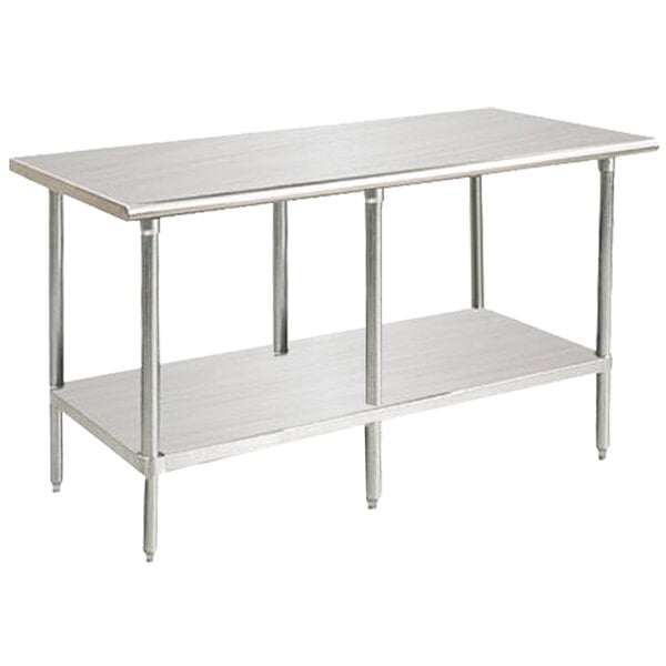 An Advance Tabco stainless steel work table with undershelf.