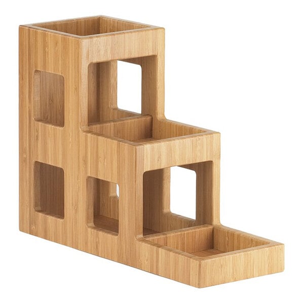 A three-tier bamboo jar display stand with square cutouts, designed for organizing or displaying items.