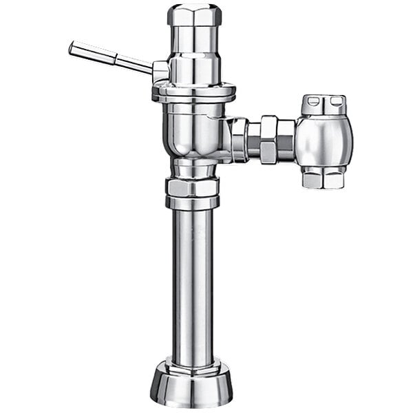 A chrome Sloan water closet flushometer with a handle.