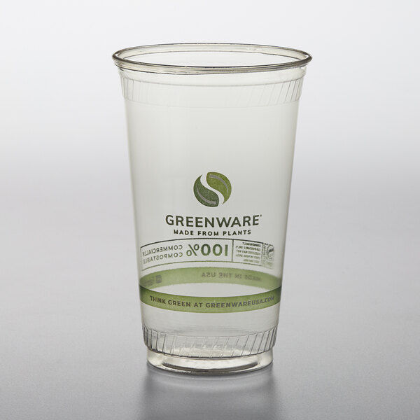 A Fabri-Kal Greenware clear plastic cup with a logo on it.