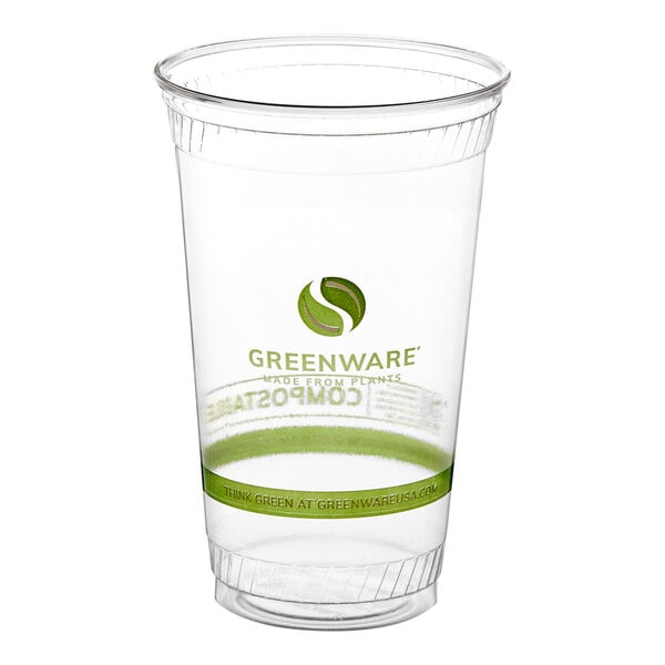 A clear 24 oz. compostable plastic cold cup with green printed branding from Greenware.