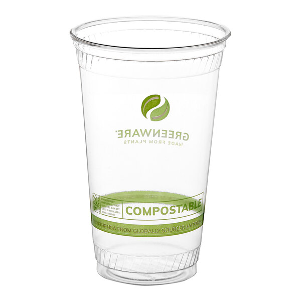 A clear 24 oz. compostable plastic cold cup with green printed labeling.
