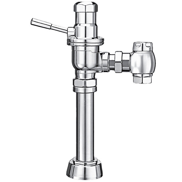 A chrome Sloan water closet flushometer with a lever.