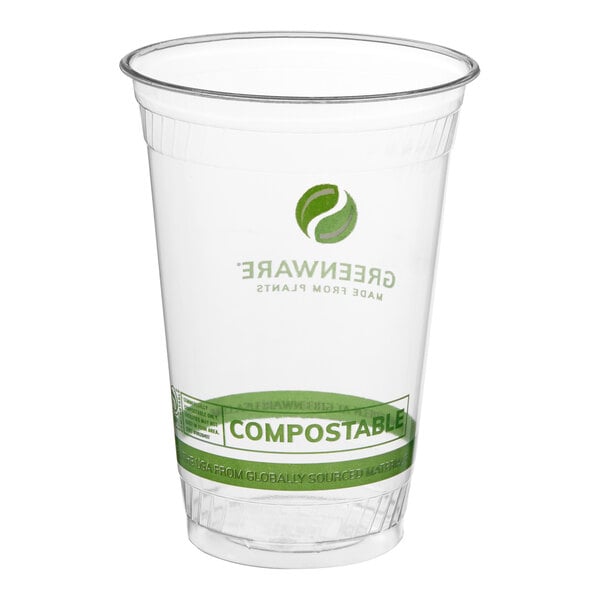A clear 20 oz. compostable plastic cold cup with green printed labeling.