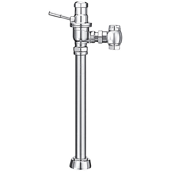 A close-up of a chrome Sloan DOLPHIN water closet flushometer with a handle.