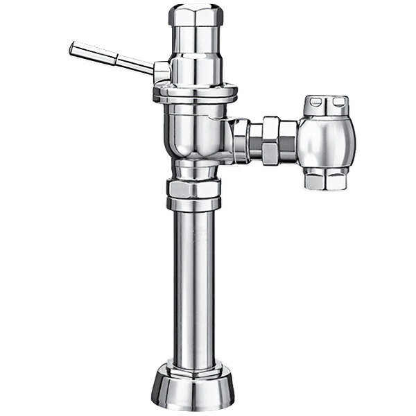 A chrome Sloan water closet flushometer with a handle.