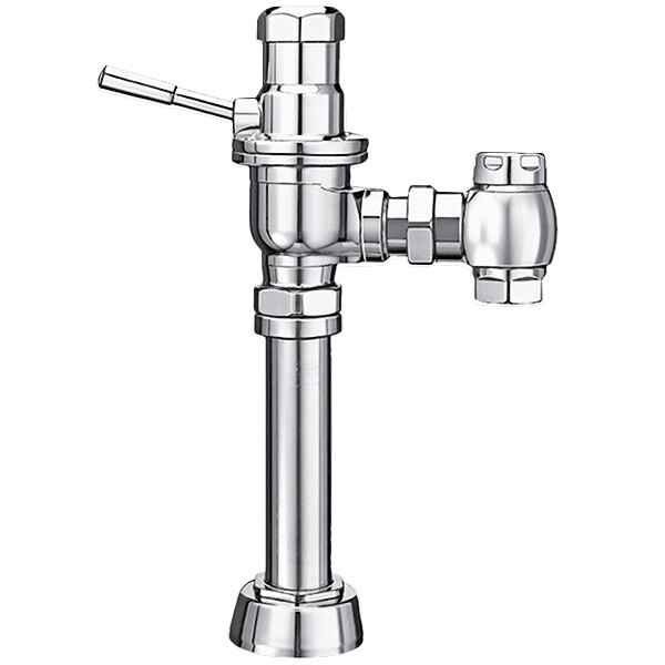 A chrome Sloan urinal flushometer with a metal pipe connection.