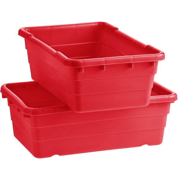 A stack of red Choice meat lug tote boxes.