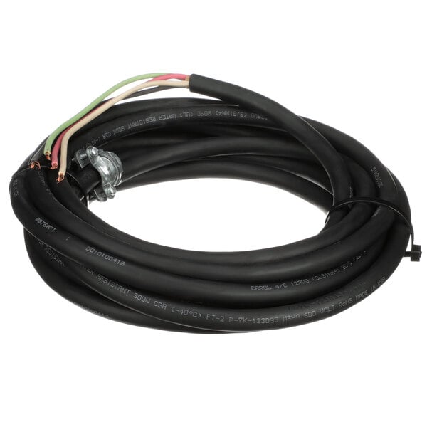 A black cable with white and green wires.