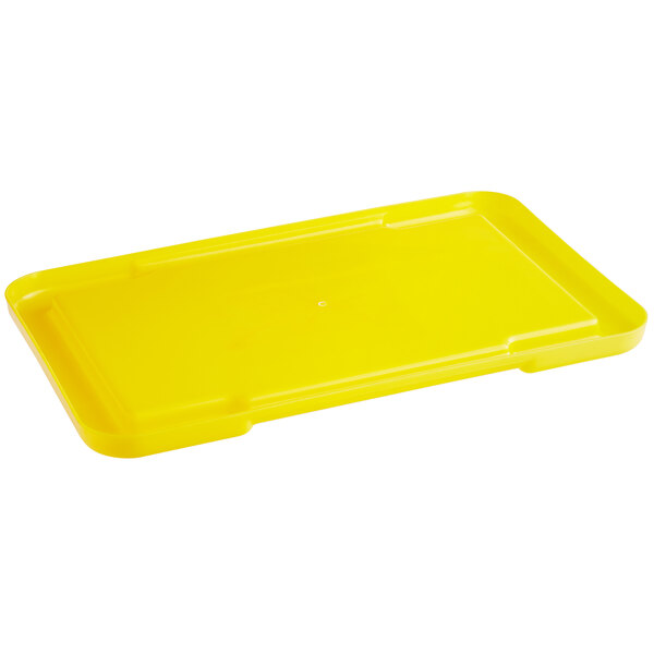 A yellow plastic tray with a recessed lid.