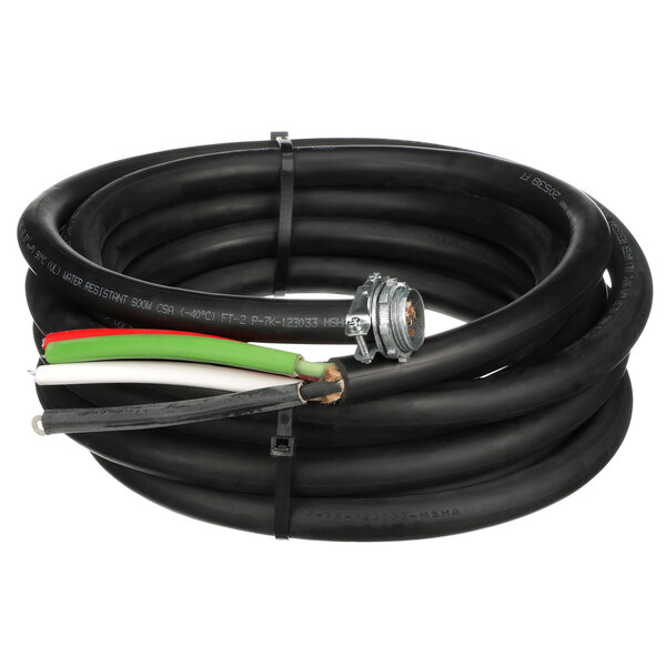A black cable with green and white cables.