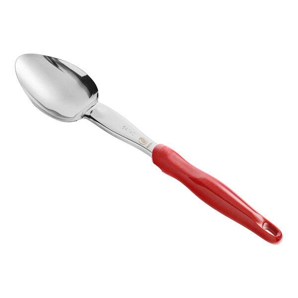 A Vollrath Jacob's Pride heavy-duty basting spoon with a red handle.