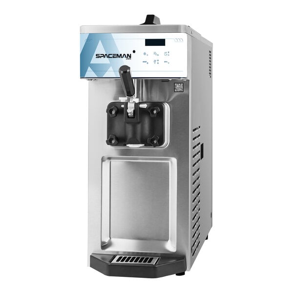 A stainless steel countertop soft serve ice cream machine with a single hopper and front dispensing handle.