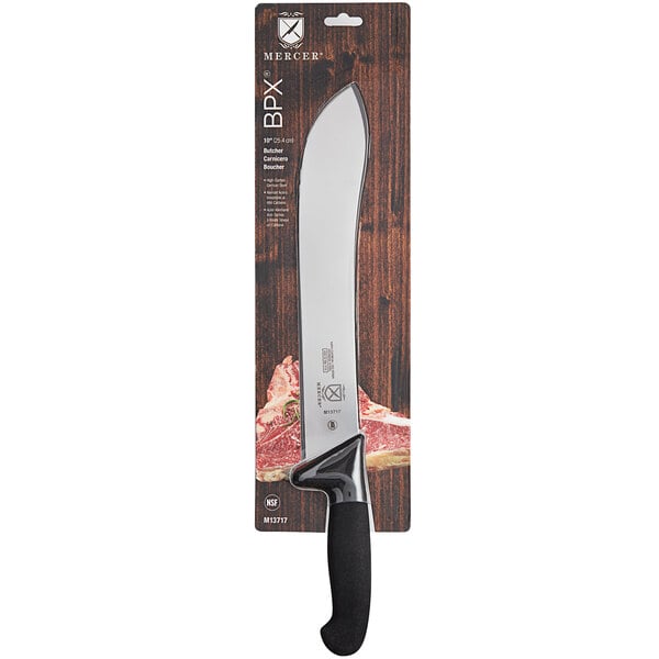 A box for a Mercer Culinary American Butcher Knife with a black handle.