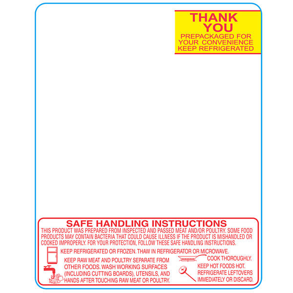 A white rectangular Safe Handling label with red text that says "Thank You" and includes safety instructions.