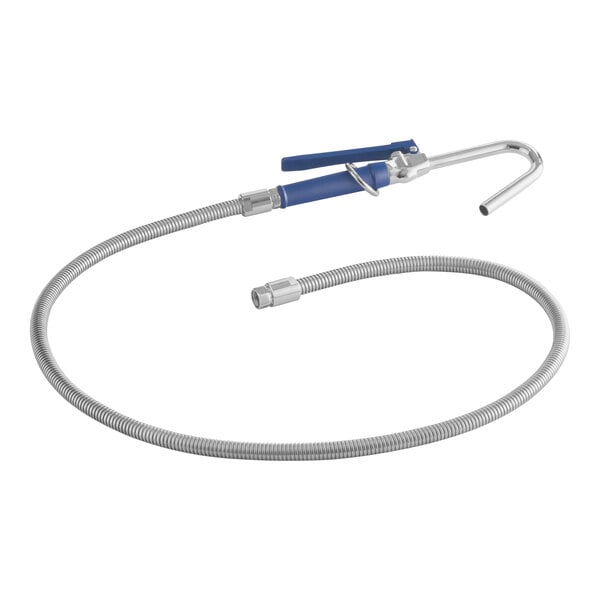 A flexible metal pot and glass filler assembly with a blue handle and curved spout.