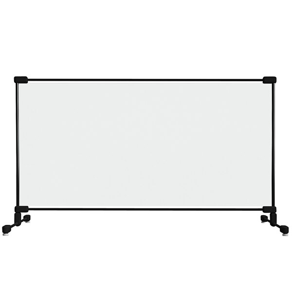 A clear PVC safety partition with a black fiberglass frame.