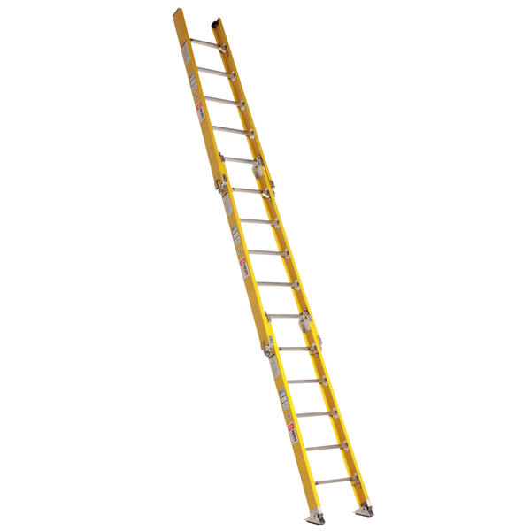 A yellow Bauer industrial ladder section with silver metal ladders.