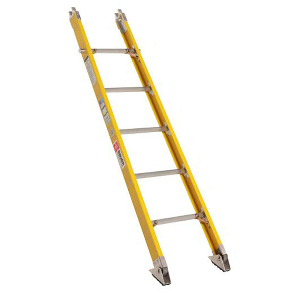 A yellow Bauer fiberglass ladder with silver metal legs.