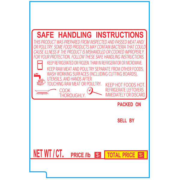 A red and white Tec equivalent scale label with safe handling instructions in red.