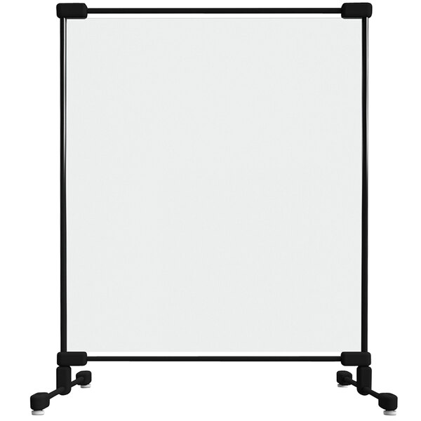 A clear PVC safety partition with a black fiberglass frame.