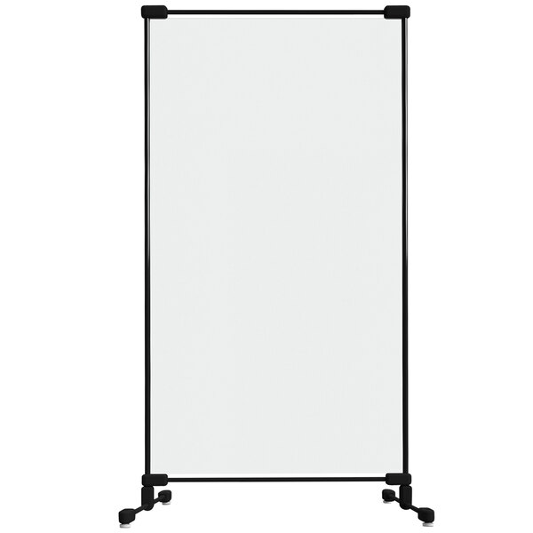 A clear PVC safety partition with a black fiberglass frame.