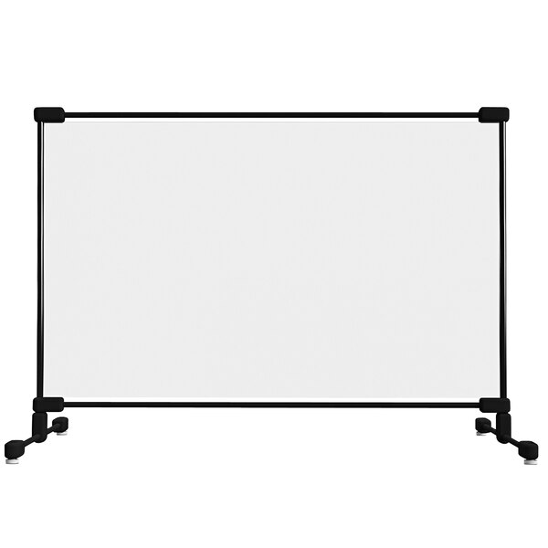 A clear PVC safety partition with a black fiberglass frame.