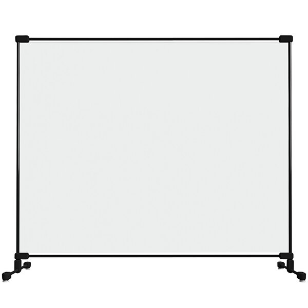 A clear PVC safety partition with a black fiberglass frame.