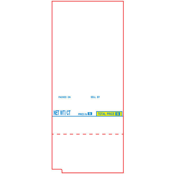 A white paper roll with red and blue rectangular objects and text, a blue and yellow line, and a red dotted line.