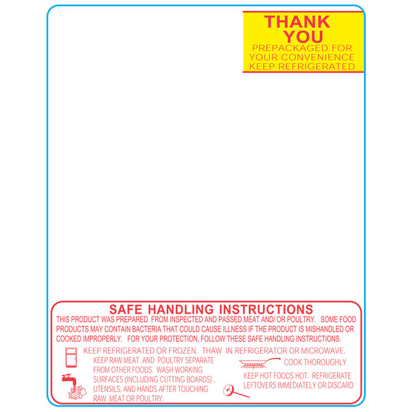 A close up of a white Safe Handling label with yellow and red text.
