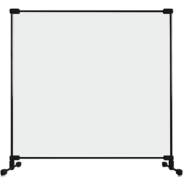 A clear PVC safety partition with a black fiberglass frame.