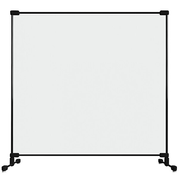 A white rectangular PVC safety partition with black fiberglass poles.