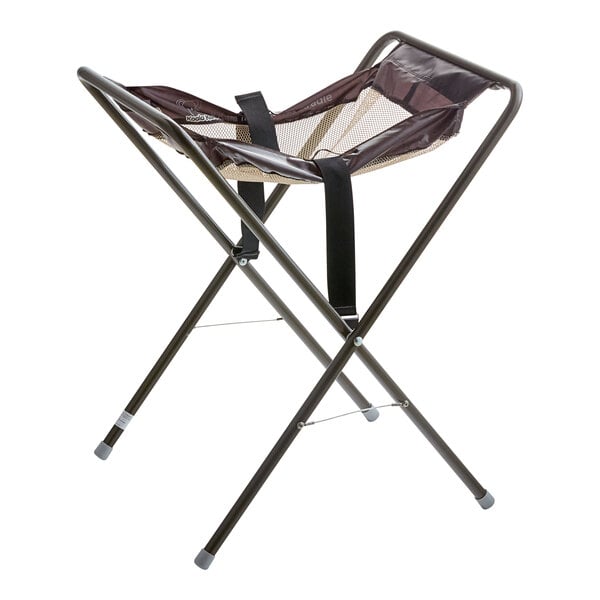 A brown assembled infant seat cradle with a metal frame and fabric seat.
