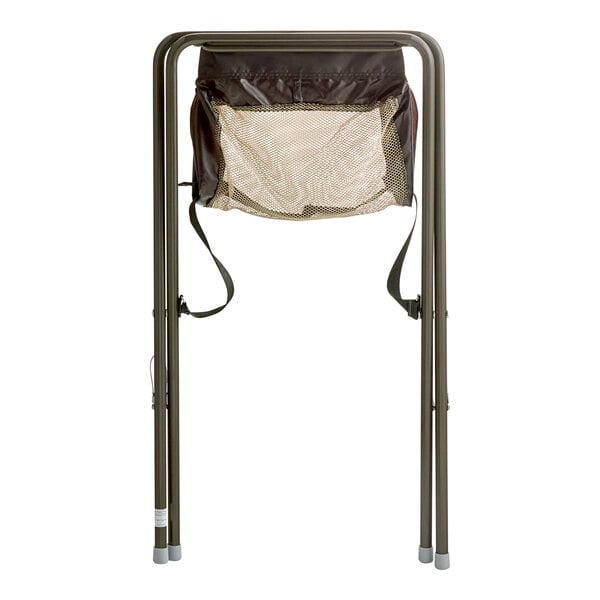 A brown assembled infant seat cradle with a mesh storage pocket and metal frame.