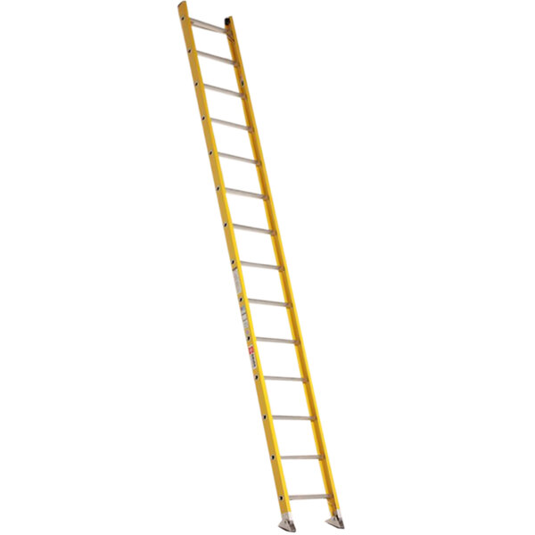 A yellow Bauer Corporation fiberglass ladder with silver bars.