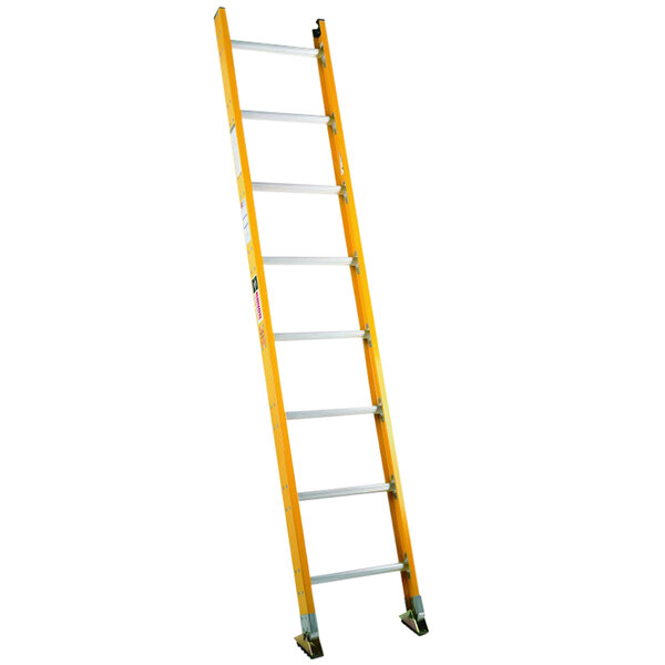 A yellow Bauer Corporation fiberglass ladder.