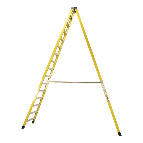 A yellow Bauer Corporation fiberglass step ladder with a long metal frame.