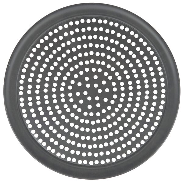 An American Metalcraft black circular pizza pan with perforations.